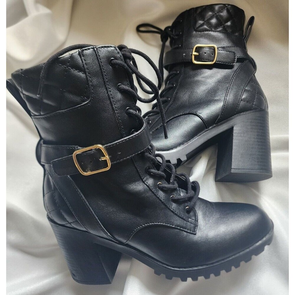 Express Womens 8 Black Ankle Faux Leather Heel Combat Boots Chunky Heel Gothic